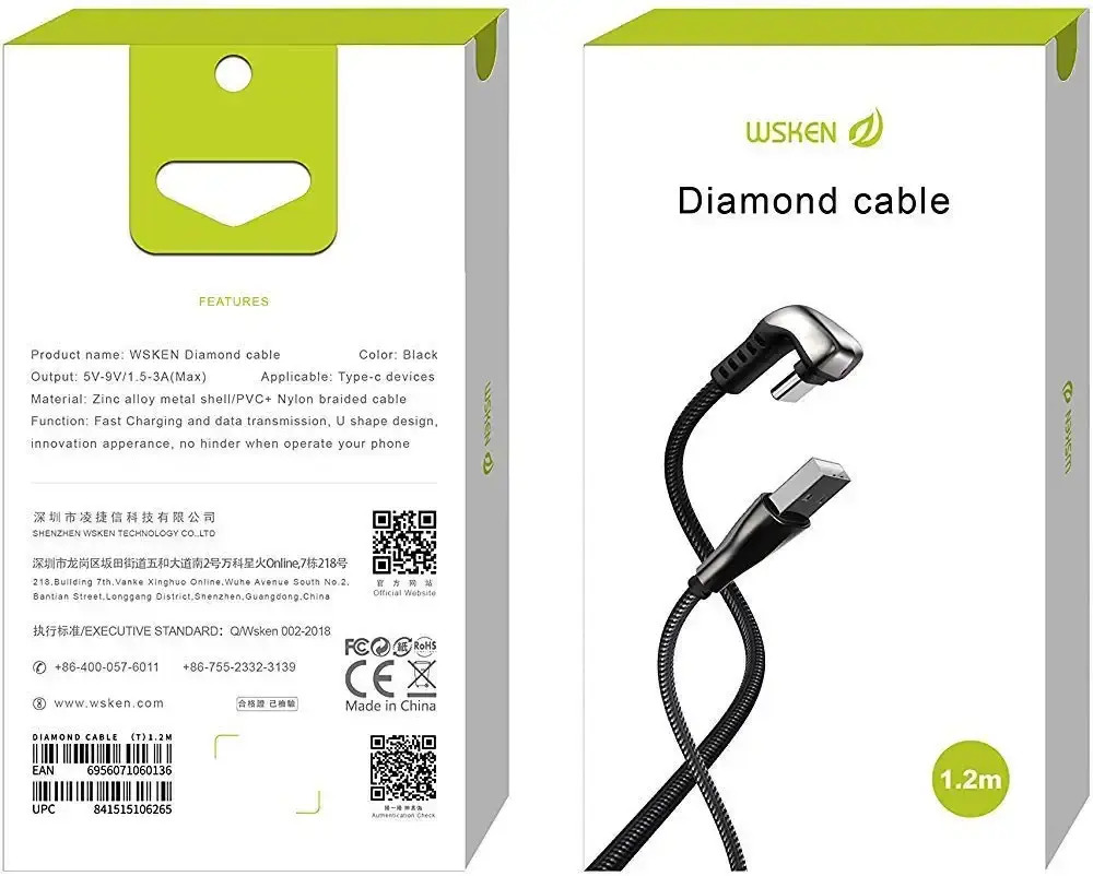 WSKEN U شکل کابل الماس USB نوع C شارژ USB C شارژر کابل داده ها برای سیم کشی تلفن همراه