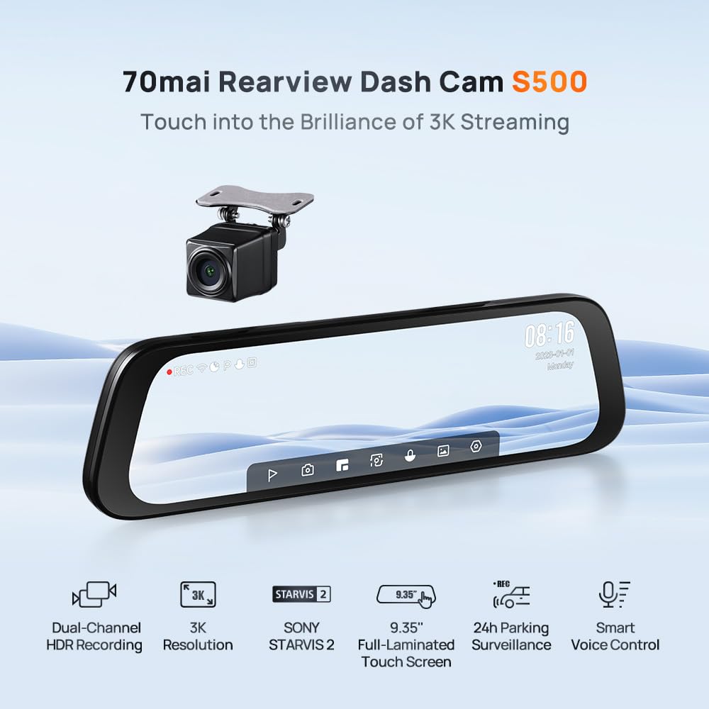 دوربین خودروی شیائومی مدل 70mai Rearview Dash Cam S500